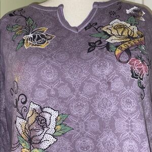 Vanilla Sugar vintage lavender/pink/green floral sequin pullover w 3/4 sleeves